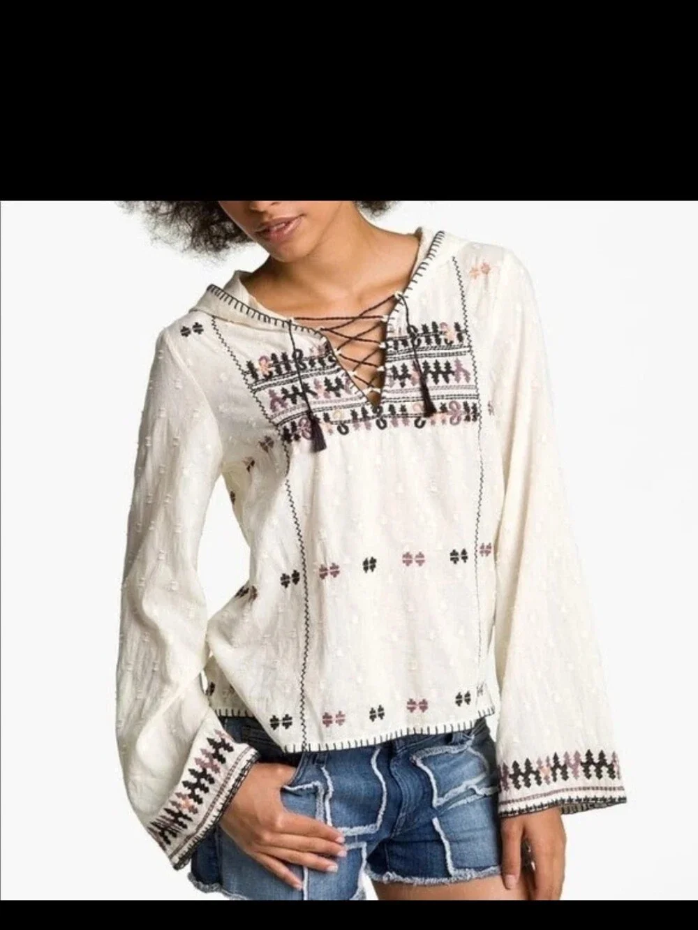 Free People Playa De Ray Cream Embroidered Hooded Pullover with Navy Tassel{Bx26 - Picture 15 of 15